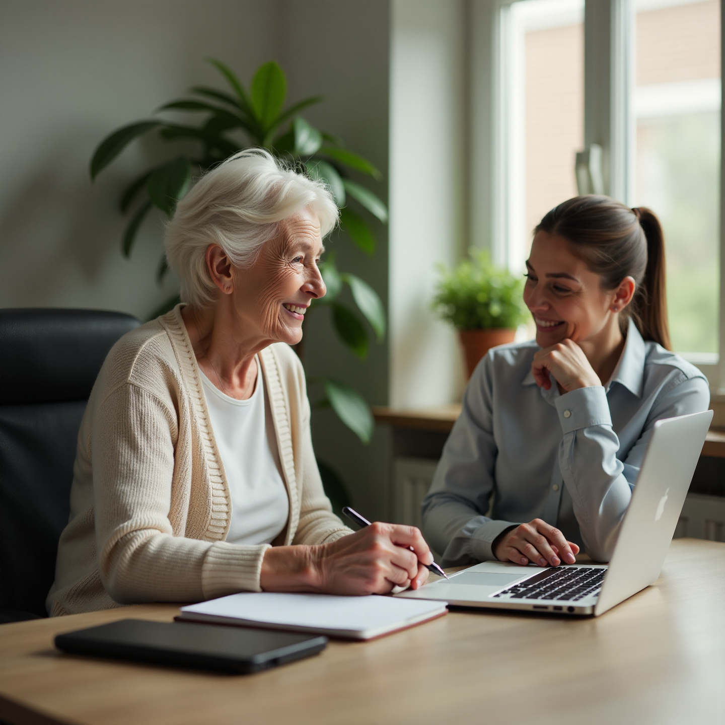 Изображение — пожилая женщина-работающий пенсионер на рабочем месте в офисе, улыбается коллеге