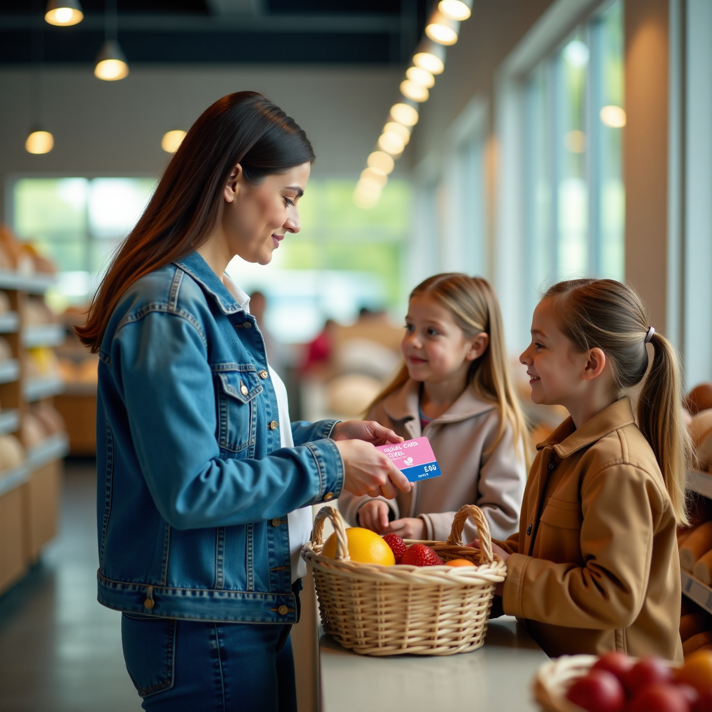 Изображение — мама с двумя детьми выбирает продукты в «Магните» в Краснодаре, оплачивая покупку социальной картой жителя Кубани