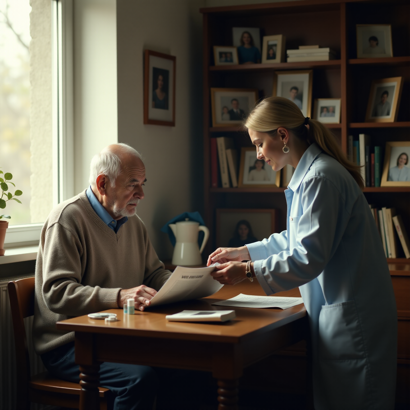 Изображение — пожилой мужчина получает помощь социального работника дома в российском город