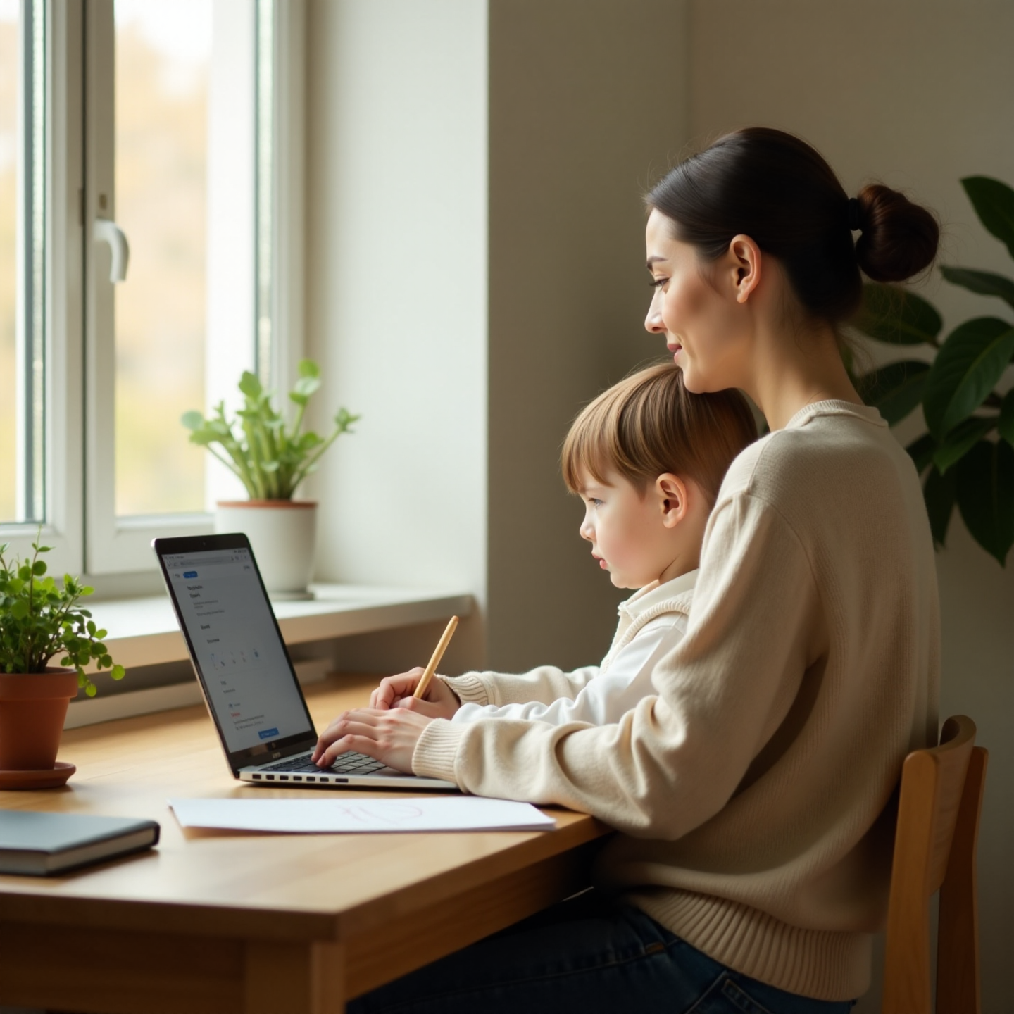 Изображение — молодая мама с ноутбуком на домашнем рабочем столе заполняет заявление на Госуслугах, рядом — ребёнок с рисунком, мягкий дневной свет из окна