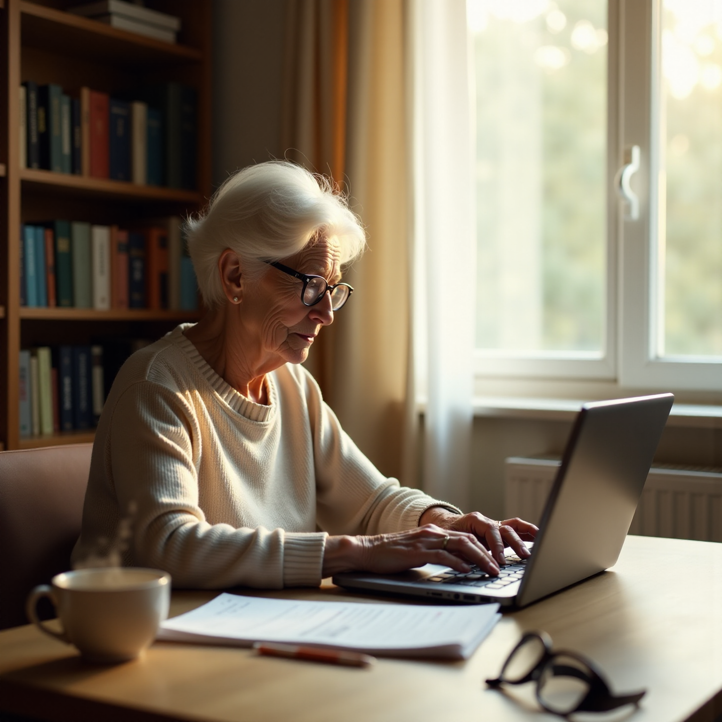 Изображение — пожилая женщина заполняет налоговую форму на ноутбуке дома, рядом чашка чая и очки