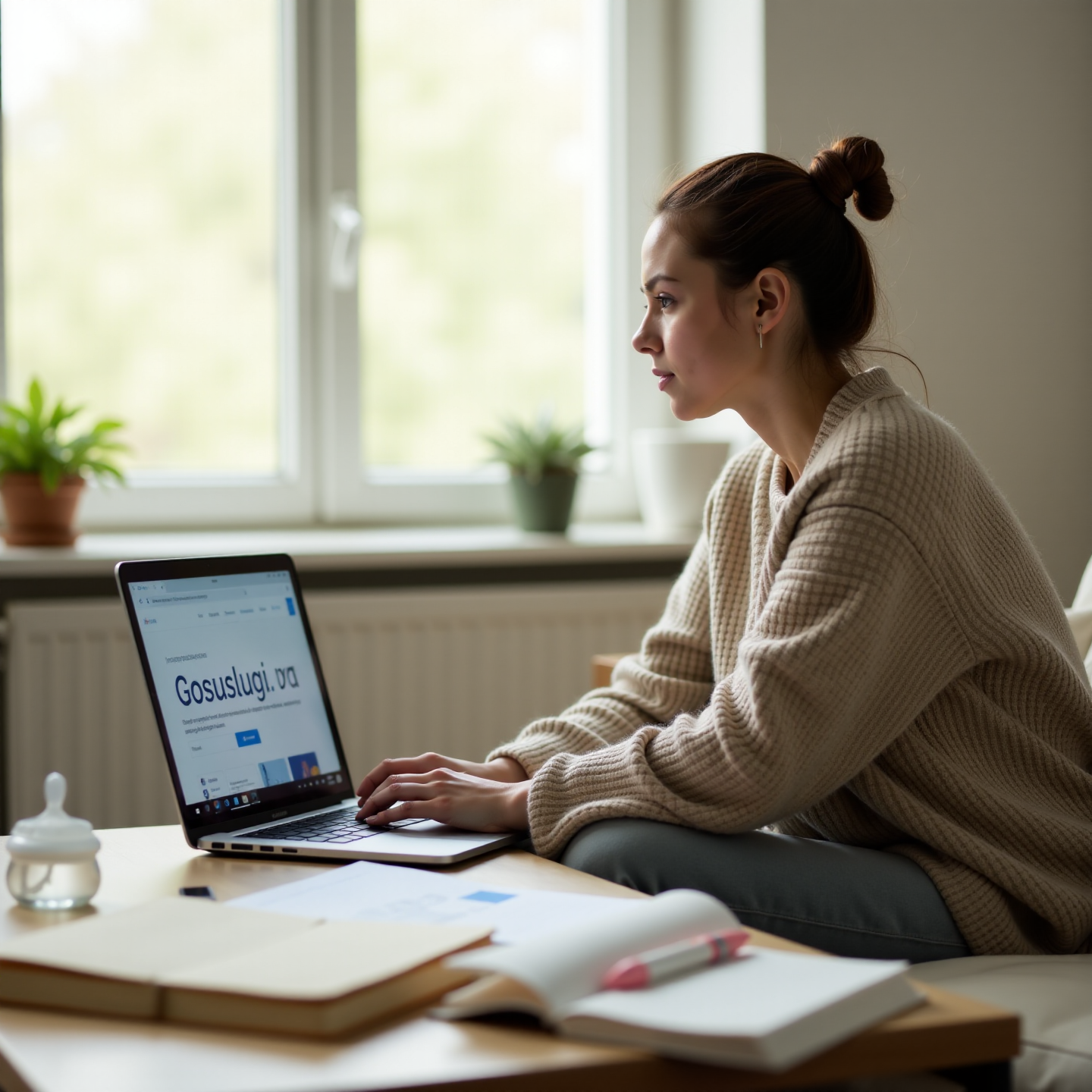 Изображение — молодая женщина с ноутбуком на диване, рядом лежит папка с надписью «Справки для пособия», на экране — Госуслуги