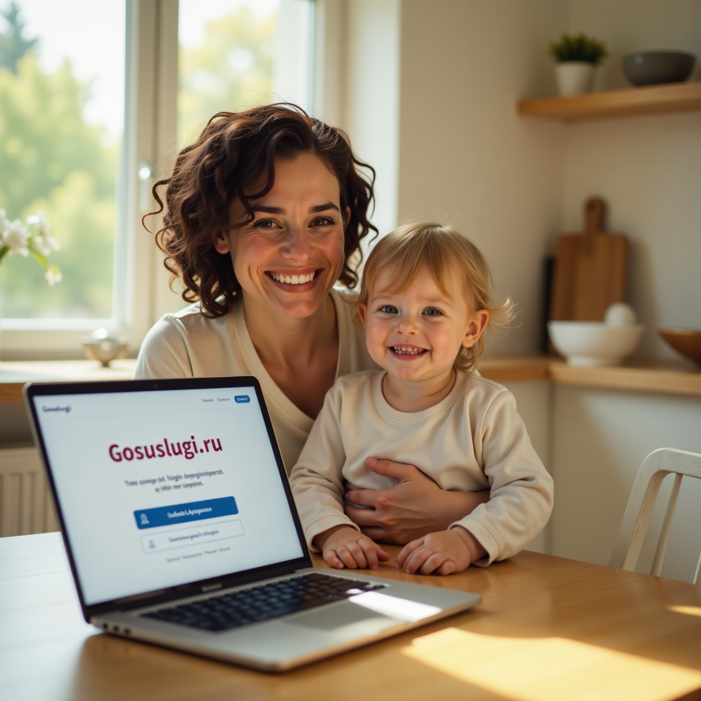 Изображение — счастливая мама с малышом на руках, рядом ноутбук с открытой страницей Госуслуг, на экране — кнопка “Подать заявление