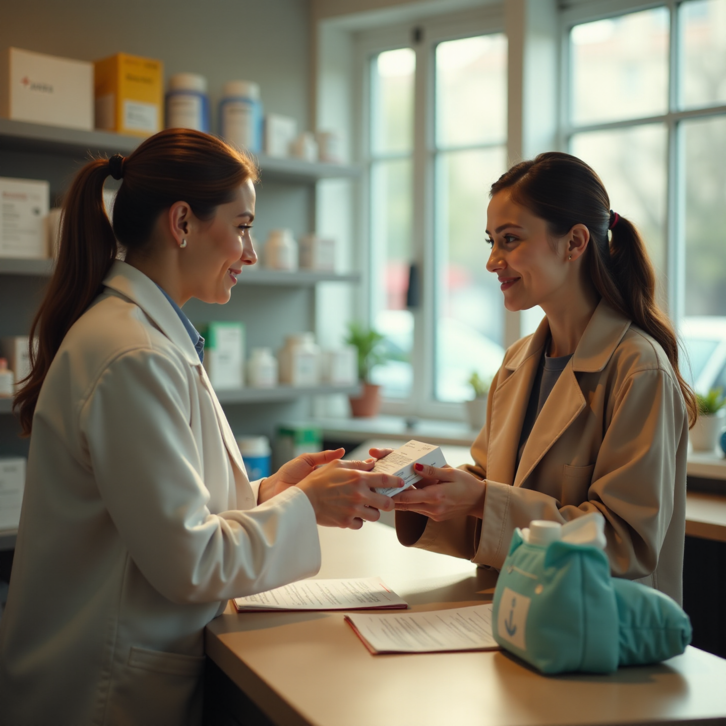 Изображение — мать получает лекарства по рецепту в аптеке для ребёнка-инвалида