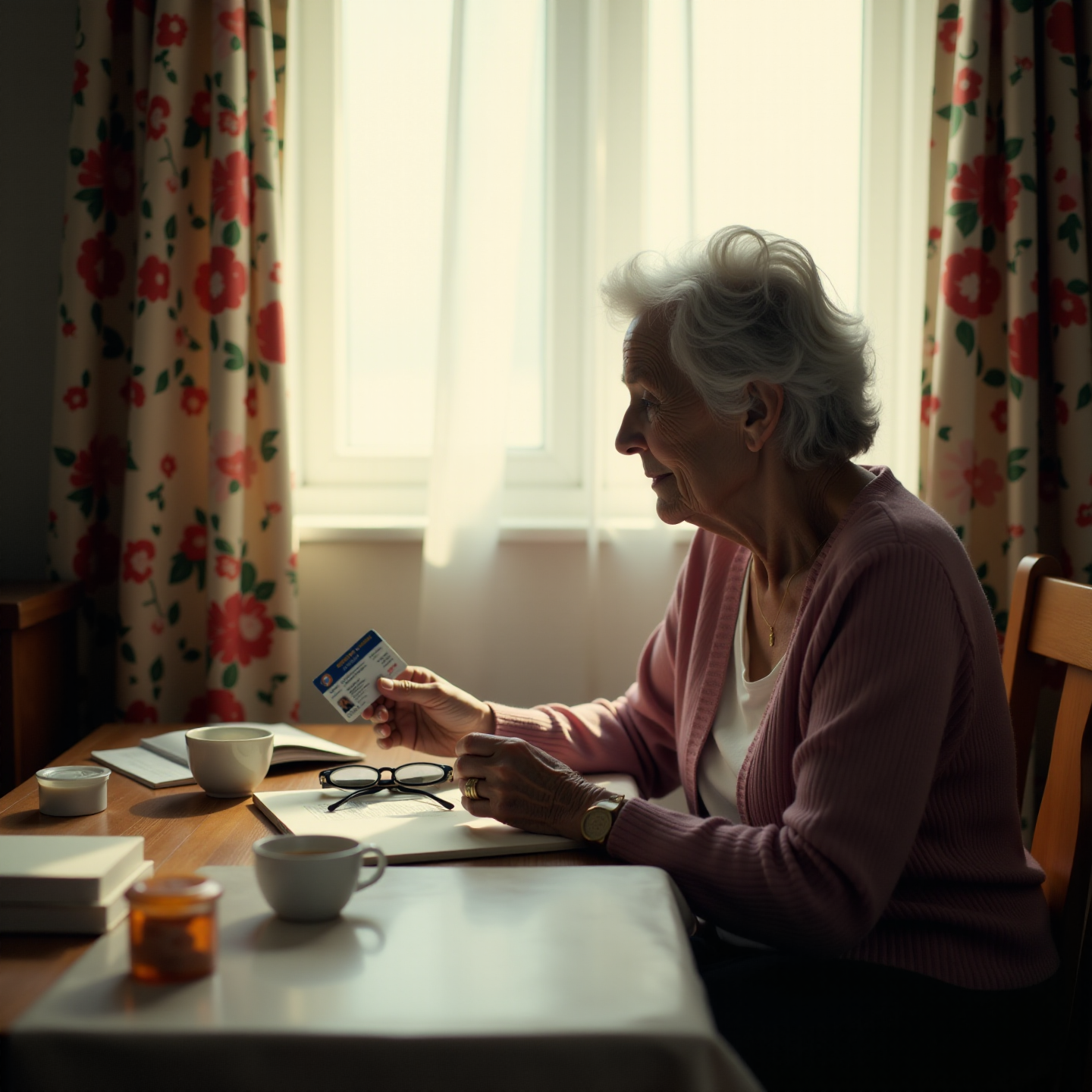 Изображение — пожилая женщина-ветеран труда с удостоверением в руках у окна, рядом медикаменты и чай